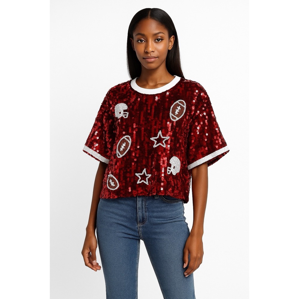 Main Strip Football Sequin Top Women's‎ Small Cropped Oversized Holiday Sports